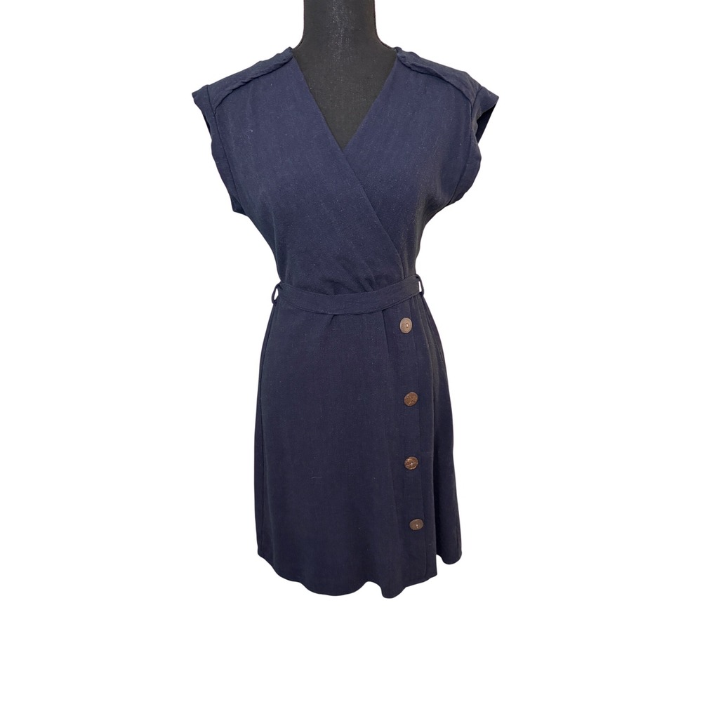 Monteau Los Angeles Navy Blue Linen Blend Faux Wrap Dress Button Detail Medium